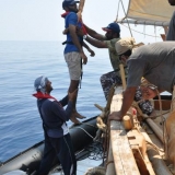 135   Ahmed Al Adawi is lifted from the rescue boat during a man overboard drill