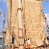078   The crew raises the matting mizzen sail for the first time